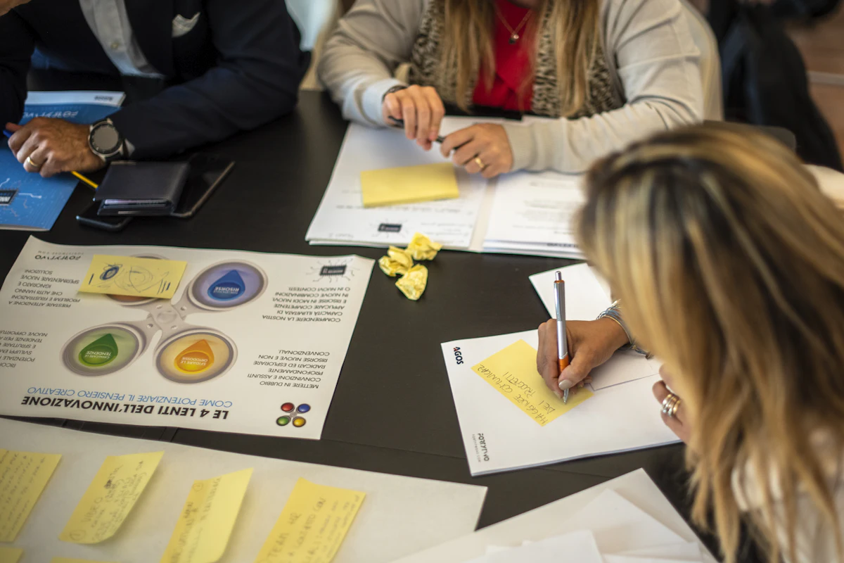 Demo photo: a team around a table covered in notes and sticky notes