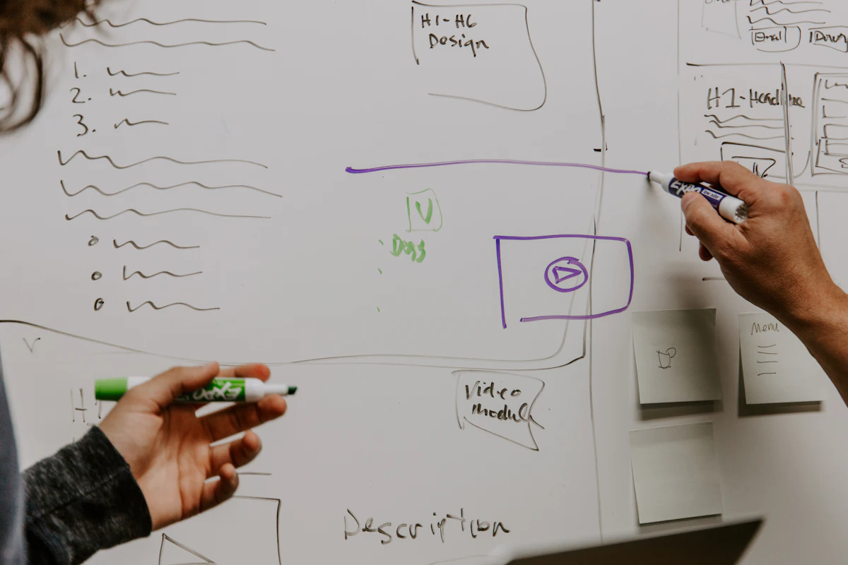 Demo photo: two people sketching a plan on a whiteboard
