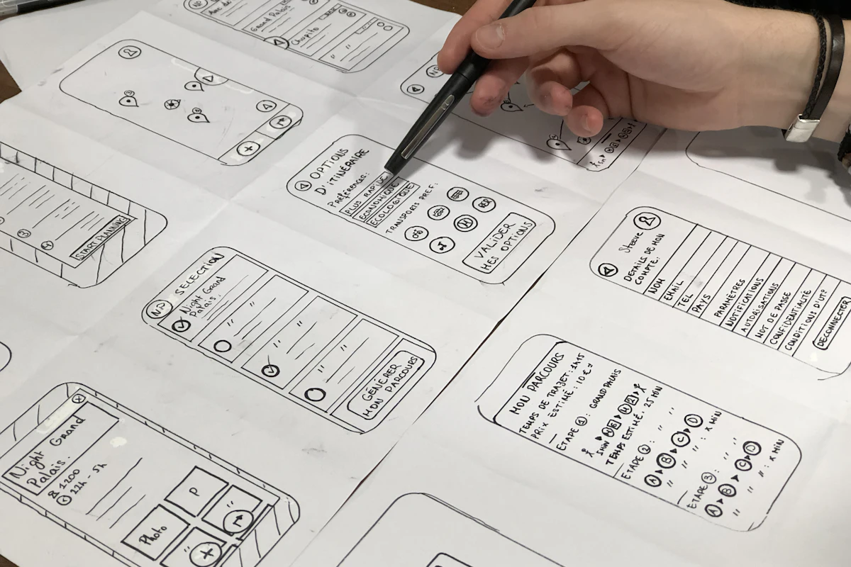Demo photo: a hand sketching website wireframes on paper
